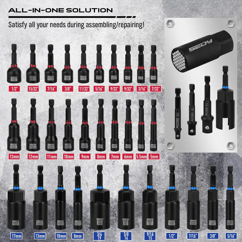 41/59/80-Piece Magnetic Impact Nut Driver Set – SAE & Metric with Adapters & Extensions